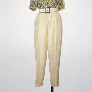 90s silk shantung trousers / 1990s ecru tapered pants / high waisted front creas